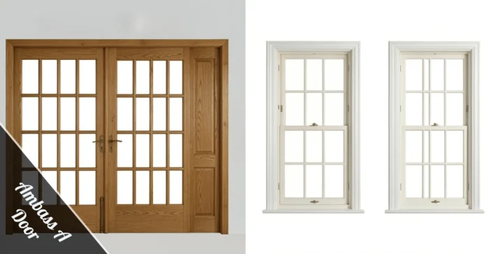 Ambass A Door regional guide showing UK timber window, North America garage opener, South Africa aluminium door, Netherlands swing door.