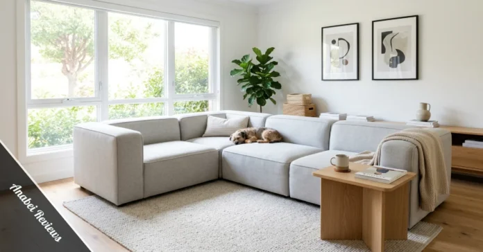 Anabei modular washable sofa in a bright modern living room with a dog on the cushion