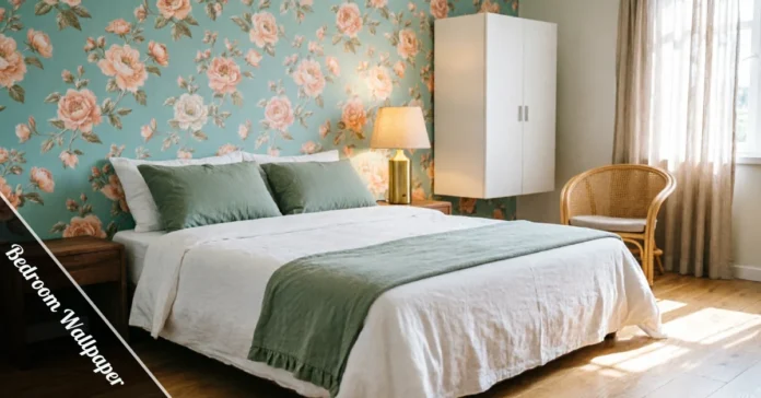 Cozy bedroom with floral bedroom wallpaper in green and blush pink tones, white linen bed, warm lighting, and wooden floor.