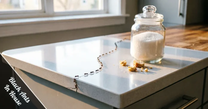 A trail of black ants in house kitchen moving across a countertop toward food crumbs near a baseboard crack in natural light.