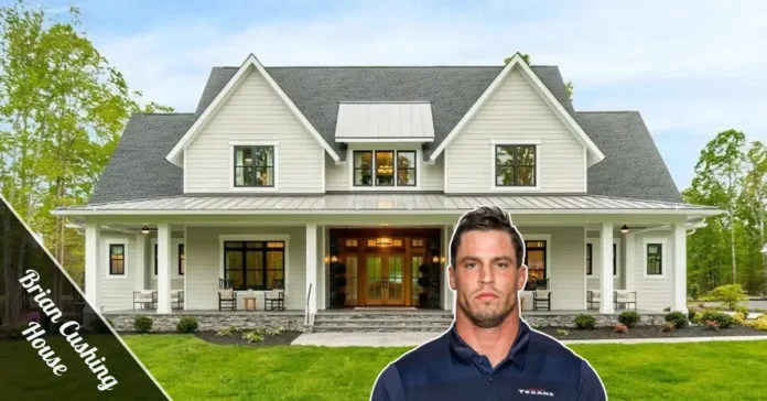 Brian Cushing House exterior — luxury Missouri City mansion with pool, balcony, and manicured lawns in a gated community.