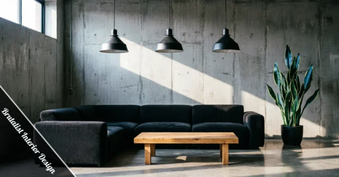 Brutalist interior design materials — raw concrete surface with steel and unfinished wood details