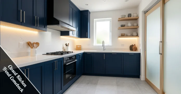 Modern closed kitchen trend comeback — navy blue cabinets, glass door partition, and natural wood countertops in 2026 home design.