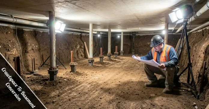 Crawlspace to basement conversion in progress showing excavation, underpinning, and new concrete foundation work beneath a home.