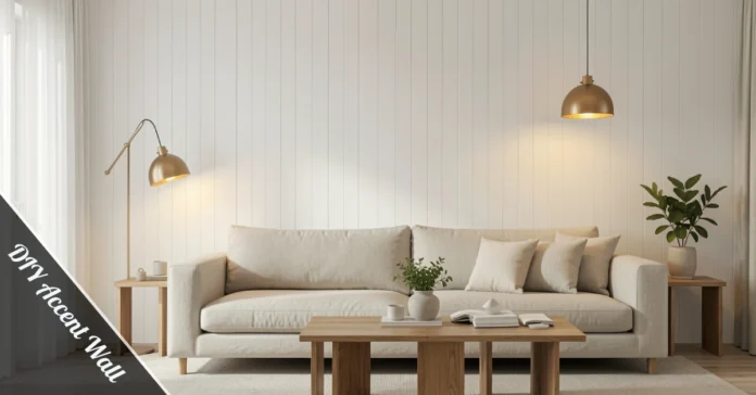 White board and batten DIY accent wall in a modern living room with a sofa and pendant light.