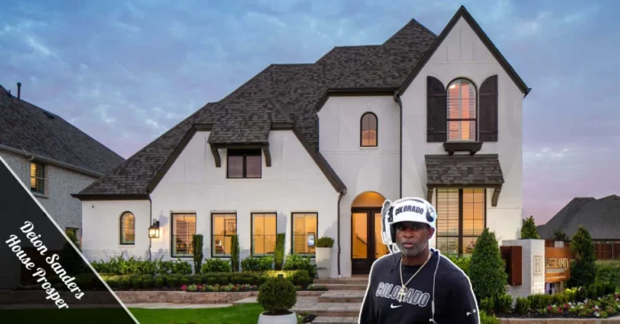 Deion Sanders House Prosper TX — grand stucco mansion with luxury amenities listed at $5.5M in Chateau Montclair, Prosper Texas.