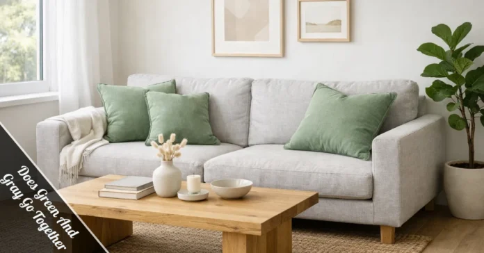 Does green and gray go together — sage green sofa with gray walls in a modern living room.
