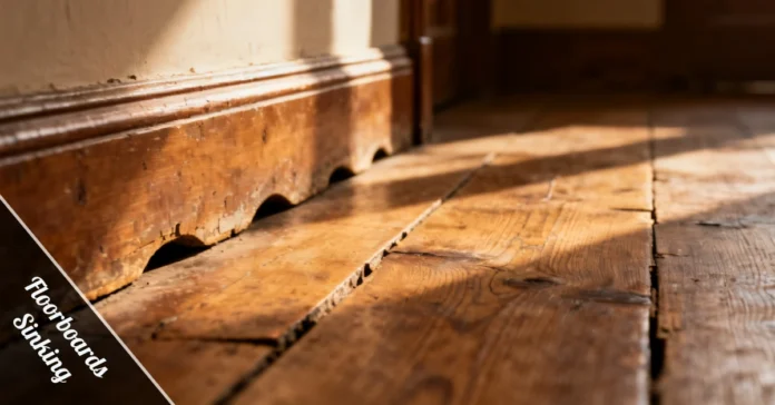 FLOORBOARDS SINKING NEAR SKIRTING BOARD WITH VISIBLE GAPS AND SOFT SPOTS — SIGNS OF MOISTURE DAMAGE AND WEAKENED FLOOR JOISTS.