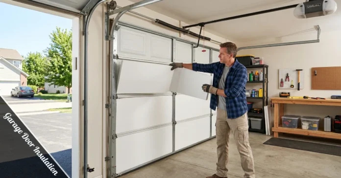 Homeowner installing foam panels as garage door insulation on a residential sectional steel door