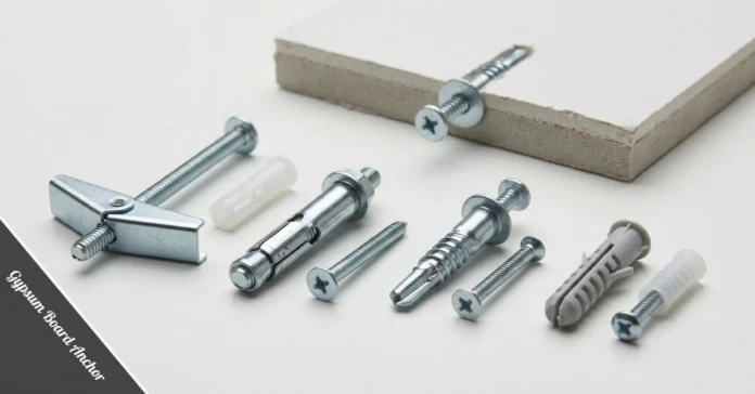 Types of gypsum board anchor including toggle bolt, molly bolt, and self-drilling anchor on drywall