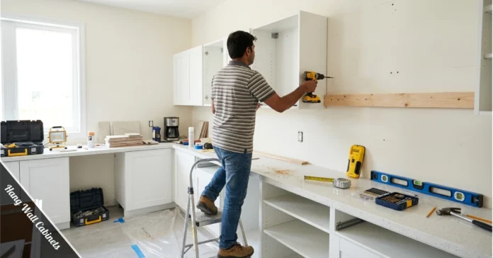 Person using a drill to hang wall cabinets on a kitchen wall with a ledger board for support