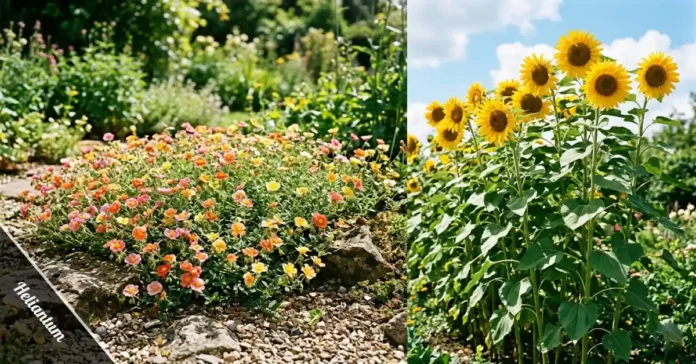 Helianthemum sunrose and Helianthus sunflower growing together in a sunny garden, illustrating the heliantum naming difference