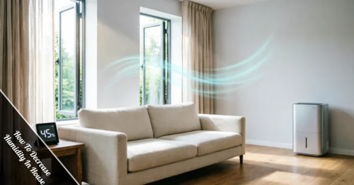 Step-by-step guide on how to decrease humidity in house using a dehumidifier, exhaust fans, and natural moisture absorbers.