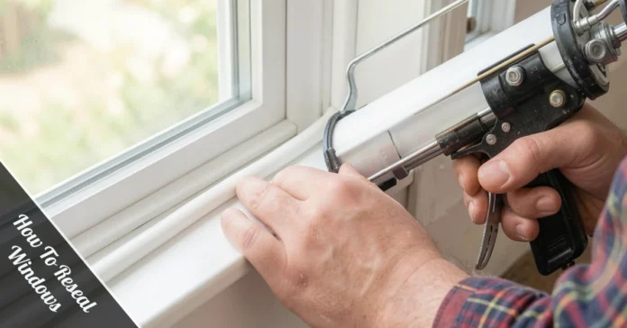 Close-up tutorial on how to reseal windows using silicone caulk with steady hand application.