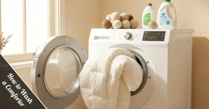 Step-by-step guide on how to wash a comforter — white fluffy comforter inside a front-load washer.