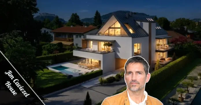 Jim Caviezel House exterior view showing stone facade, large windows, and manicured garden in Mount Vernon, Washington.