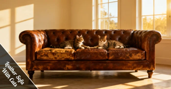 leather sofa with cats — brown top-grain leather couch with two cats sitting on it in a stylish pet-friendly living room.