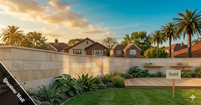 Natural limestone wall built with honed stone blocks in a modern residential garden