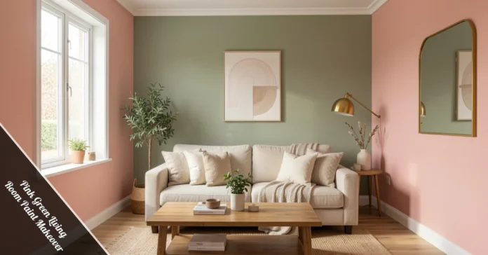 Pink Green Living Room Paint Makeover with blush and sage accent wall.