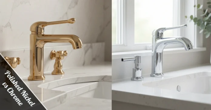 Side-by-side comparison of polished nickel vs chrome hardware finishes on modern bathroom faucets and cabinet pulls
