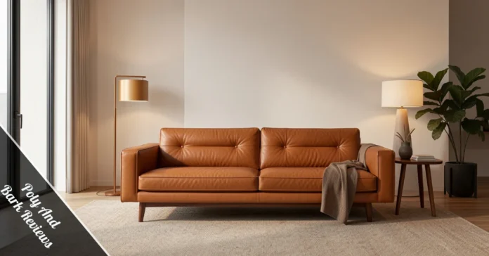 Poly And Bark Reviews — full-grain cognac leather sofa with walnut legs in a modern living room.