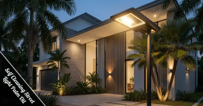 Self Cleaning Street Light Palm Oil solar light installed at home garden entrance