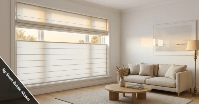 Top down Roman shades on a bright living room window with the top rail lowered for natural light and privacy