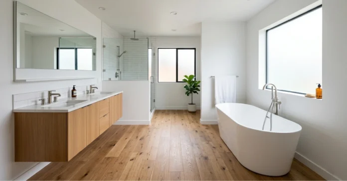 wood flooring in bathroom with white bathtub and natural light