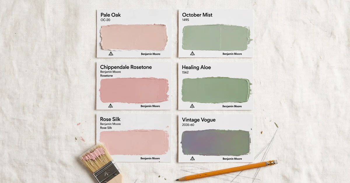 Benjamin Moore paint swatches showing pink and green complementary color pairs including Pale Oak, October Mist, and Chippendale Rosetone