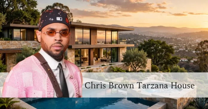 Chris Brown Tarzana House modern exterior with pool and hillside view