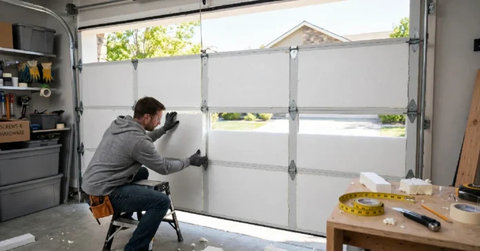 Garage door insulation panels being installed to reduce energy loss and noise
