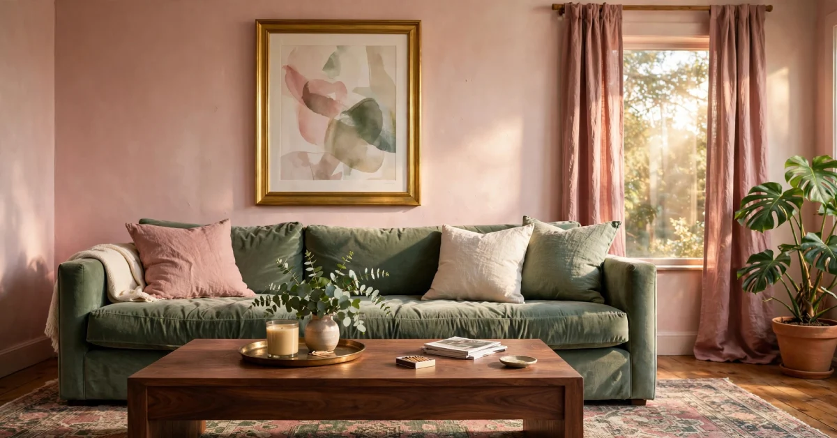 Styled pink and green living room with sage green velvet sofa, walnut coffee table, brass accents, dusty rose curtains, and monstera plant