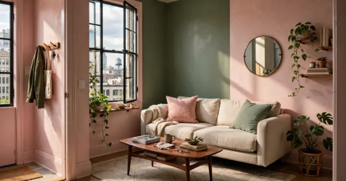 Pink and green living room with blush walls, sage accent wall, walnut coffee table, and brass mirror in a contemporary Chicago apartment