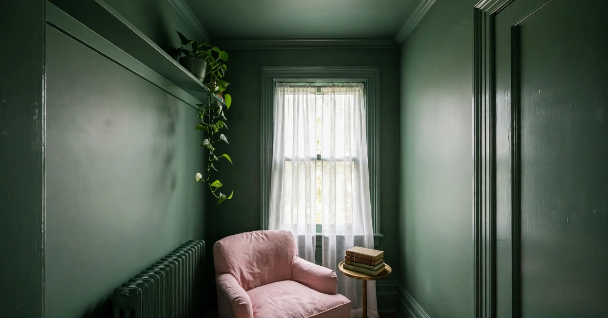Color-drenched reading nook in deep sage green with walls, ceiling, and trim all painted the same shade, featuring a dusty pink armchair