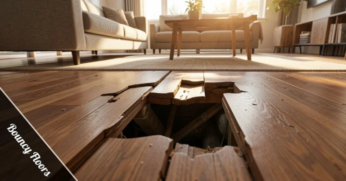 Close-up of bouncy floors in a home showing floor deflection and weak joist support beneath hardwood flooring.