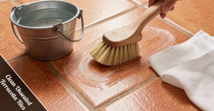 Person cleaning unsealed terracotta tiles with a soft brush and pH-neutral solution on a natural clay floor.