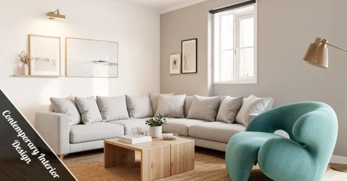 Bright living room showcasing Contemporary Interior Design with neutral tones, clean lines, and bold accent furniture pieces.