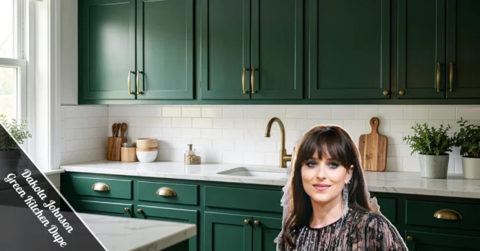 Dakota Johnson Green Kitchen Dupe with deep green cabinets, brass hardware, white backsplash and marble countertops