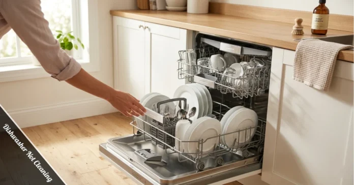 Homeowner checking clean dishes in an open dishwasher after fixing Dishwasher Not Cleaning issue