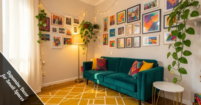 A small living room styled with Dopamine Decor for Small Spaces — teal sofa, mustard rug, gallery wall, warm lighting, and green plants.