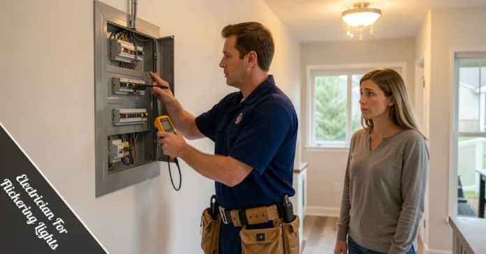 Electrician For Flickering Lights testing a residential breaker panel with voltage meter inside a modern home.