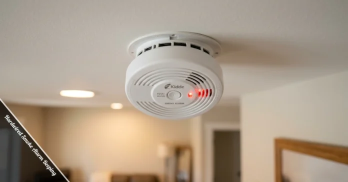Hardwired smoke alarm beeping on a home ceiling with LED indicator light