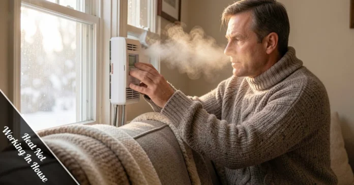 Heat not working in house — homeowner checking thermostat in a cold living room during winter