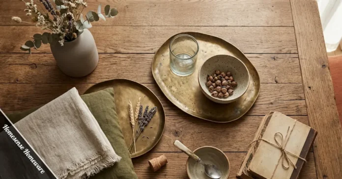 Homesense Homeware display with stoneware bowls, linen pillows, and brass accents on a warm wooden surface