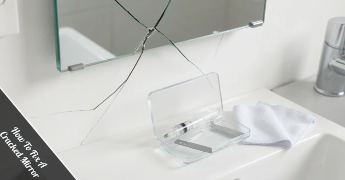 Step-by-step guide on how to fix a cracked mirror using clear resin and a DIY repair kit on a bathroom vanity mirror.