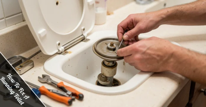 DIY tutorial how to fix a running toilet showing toilet tank internals, flapper, fill valve, and adjustment tools for repair
