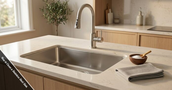 How to Clean a Stainless Steel Sink being cleaned with baking soda and a soft sponge