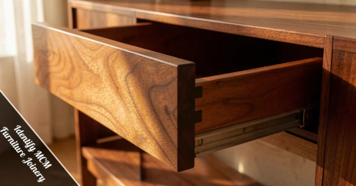 Close-up of dovetail joints used to identify MCM furniture joinery on a walnut drawer