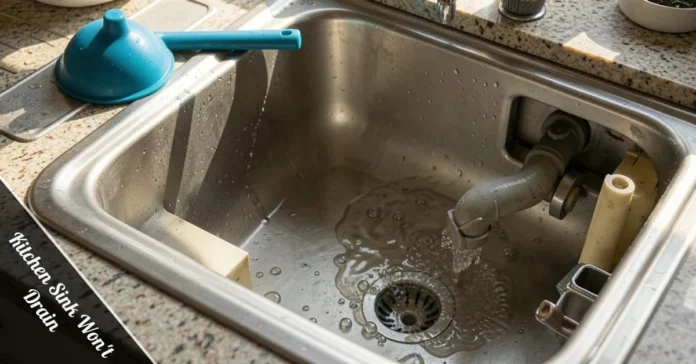 Kitchen sink won't drain with standing water and plunger on counter showing common household drain clog repair