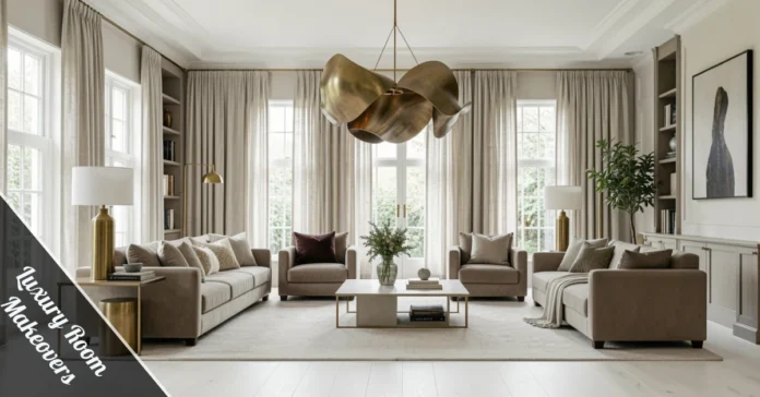 Elegant living room showcasing luxury room makeovers with velvet sofa, brass accents, and warm layered lighting